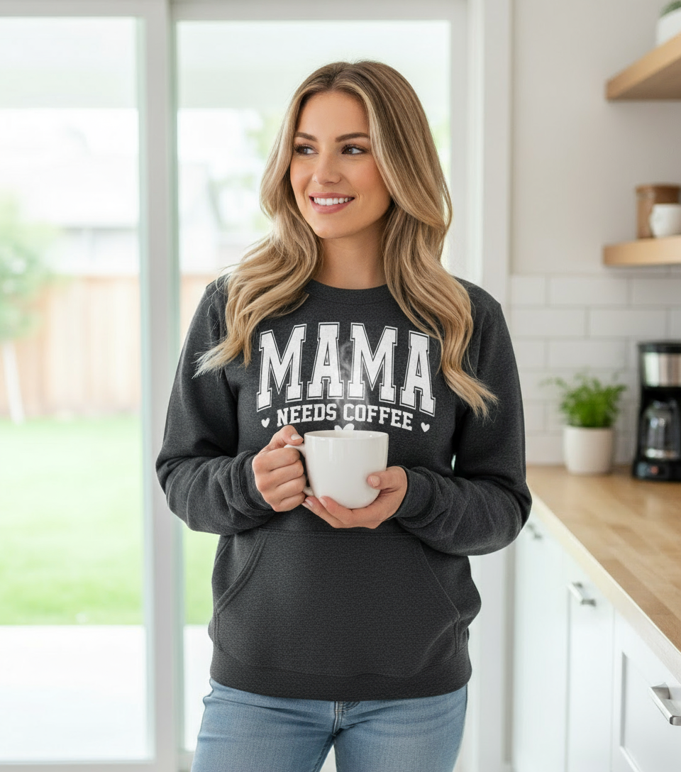 Mama Needs Coffee crewneck with pocket pouch