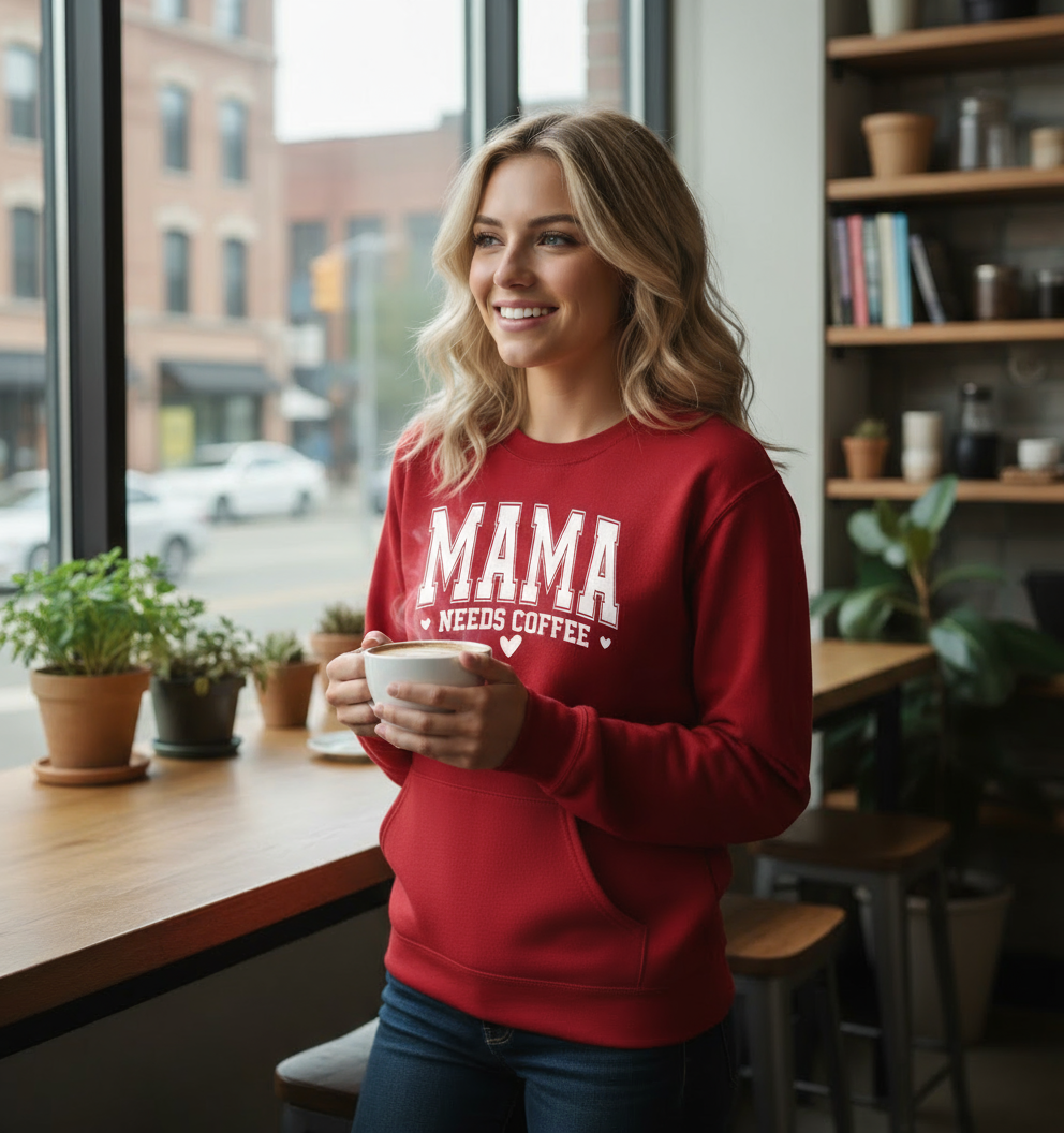Mama Needs Coffee crewneck with pocket pouch